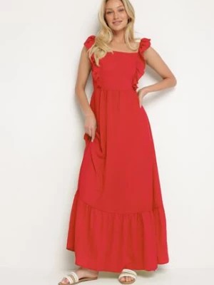 Zdjęcie produktu Czerwona Sukienka na Ramiączkach z Falbankami i Gumką w Talii z Wiązaniem na Plecach Tiolla