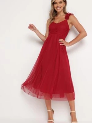 Zdjęcie produktu Czerwona Sukienka na Ramiączkach z Gumką w Talii i Falbanką Watalia