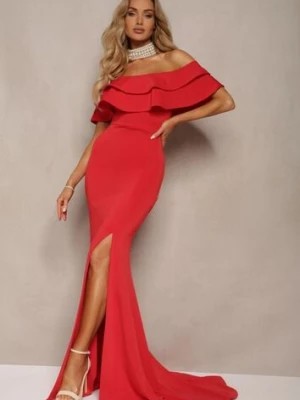 Zdjęcie produktu Czerwona Sukienka Wieczorowa o Fasonie Hiszpanki z Rozcięciami i Rozkloszowanym Dołem Ulcini
