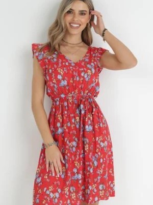Zdjęcie produktu Czerwona Sukienka z Gumką w Pasie z Wiskozy w Kwiaty Chrysa