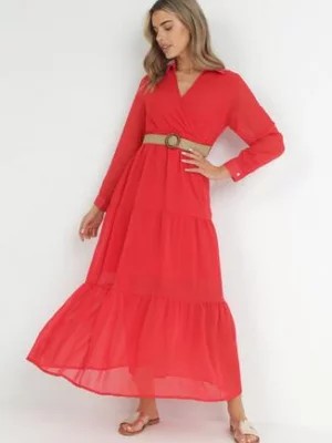 Zdjęcie produktu Czerwona Sukienka z Kopertowym Dekoltem i Plecionym Paskiem Dirmi