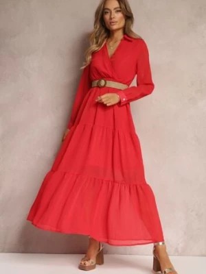Zdjęcie produktu Czerwona Sukienka z Kopertowym Dekoltem i Plecionym Paskiem Velo