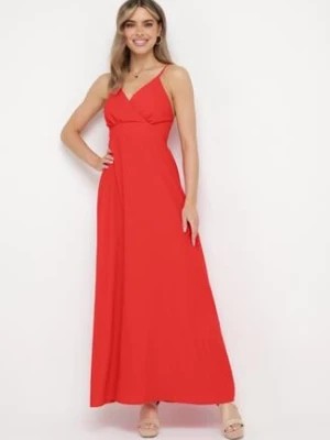 Zdjęcie produktu Czerwona Sukienka z Kopertowym Dekoltem na Cienkich Ramiączkach Piamena
