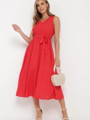 Zdjęcie produktu Czerwona Wiskozowa Sukienka Midi z Gumką w Pasie i Materiałowym Paskiem Bicuh