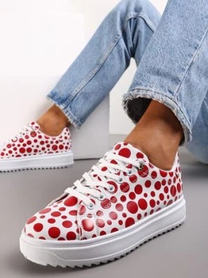 Zdjęcie produktu Czerwone Sznurowane Sneakersy w Kropki na Grubej Podeszwie Abbesa