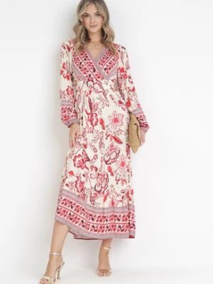 Zdjęcie produktu Czerwono-Beżowa Rozkloszowana Sukienka Maxi z Gumkami w Talii i Falbanką Apolla