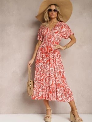 Zdjęcie produktu Czerwono-Beżowa Sukienka Letnia z Gumką w Talii i Ozdobnymi Chwostami Aleriana