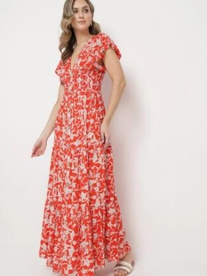 Zdjęcie produktu Czerwono-Beżowa Sukienka Maxi w Kwiaty z Falowanymi Rękawkami i Gumką w Talii Mulanitti
