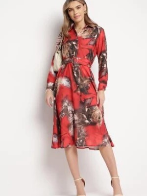 Zdjęcie produktu Czerwono-Brązowa Sukienka Midi o Rozkloszowanym Kroju z Paskiem z Klamrą Olvira