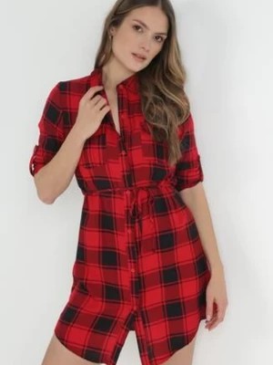 Zdjęcie produktu Czerwono-Czarna Koszulowa Sukienka z Wiskozy w Kratę Wiązana w Pasie Relyesh