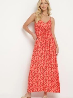 Zdjęcie produktu Czerwono-Pomarańczowa Wiskozowa Sukienka z Kopertowym Dekoltem na Regulowanych Ramiączkach ze Ściągaczem Dimarla