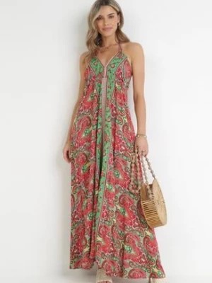 Zdjęcie produktu Czerwono-Zielona Sukienka Maxi z Wiązaniem na Plecak Ealenia