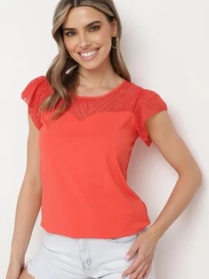 Zdjęcie produktu Czerwony Bawełniany T-shirt Bluzka z Przezroczystymi Rękawami i Dekoltem Lavinara