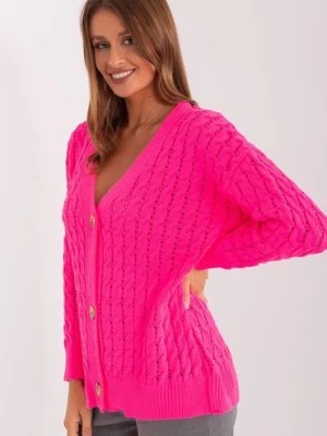 Zdjęcie produktu Damski sweter rozpinany z dodatkiem wełny fluo różowy