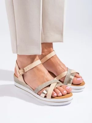 Zdjęcie produktu Damskie beżowe sandały na koturnie Shelvt