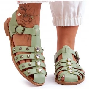 Zdjęcie produktu Damskie Płaskie Sandały Z Cyrkoniami Zielone Ascot Inna marka