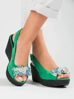 Zdjęcie produktu Damskie sandały na koturnie zamszowe zielone Shelvt