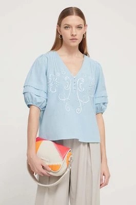 Zdjęcie produktu Desigual bluzka z domieszką lnu CAMILLE kolor niebieski z aplikacją 24SWBW06