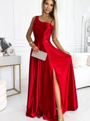 Zdjęcie produktu Estrella - Długa elegancka satynowa suknia na jedno ramię - CZERWONA Merg