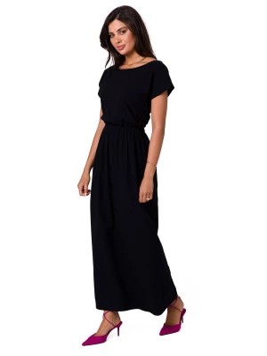 Zdjęcie produktu Długa sukienka bawełniana z gumą w pasie dekolt łódka czarna BeWear