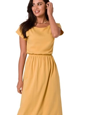 Zdjęcie produktu Długa sukienka bawełniana z gumą w pasie dekolt łódka żółta BeWear