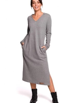 Zdjęcie produktu Długa sukienka dresowa z kapturem i dekoltem V bawełniana szara Be Active