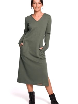 Zdjęcie produktu Długa sukienka dresowa z kapturem i dekoltem V bawełniana zielona Be Active
