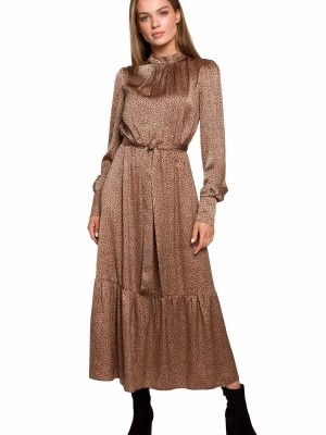 Zdjęcie produktu Długa sukienka rozkloszowana w panterkę z falbankami i długim rękawem Stylove