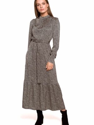 Zdjęcie produktu Długa sukienka rozkloszowana w panterkę z falbankami i długim rękawem Stylove