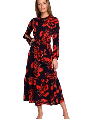Zdjęcie produktu Długa sukienka w kwiaty trapezowa z falbankami i gumką w pasie czarna Stylove