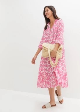 Zdjęcie produktu Długa sukienka z bawełny kreszowanej z kieszeniami i rękawami 3/4 bonprix