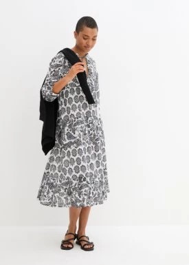 Zdjęcie produktu Długa sukienka z bawełny kreszowanej z kieszeniami i rękawami 3/4 bonprix