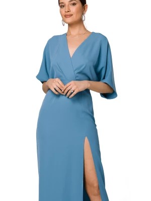 Zdjęcie produktu Długa sukienka z dekoltem V i rozcięciem kimonowa niebieska Makover