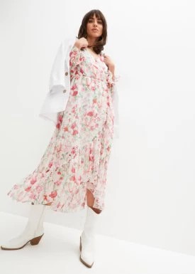 Zdjęcie produktu Długa sukienka z nadrukiem i falbanami, z poliestru z recyklingu bonprix