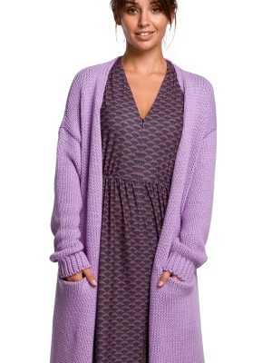 Zdjęcie produktu Długi sweter z kieszeniami ciepły kardigan o prostym fasonie fioletowy Polskie swetry