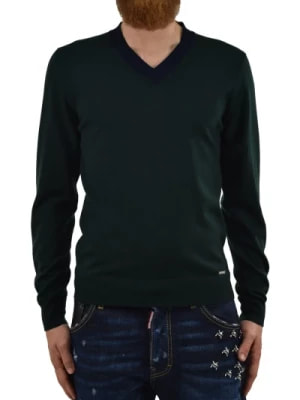 Zdjęcie produktu Dsquared2, Zielony Wełniany Sweter Męski z Dekoltem w Szpic z Naszywkami na Łokciach Green, male,