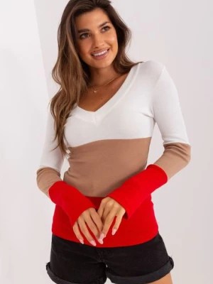 Zdjęcie produktu Ecru-camelowa bluzka basic z długim rękawem RELEVANCE