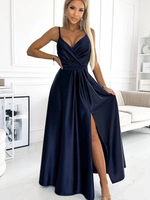Zdjęcie produktu Amada Elegancka długa satynowa suknia z dekoltem - GRANATOWA Merg