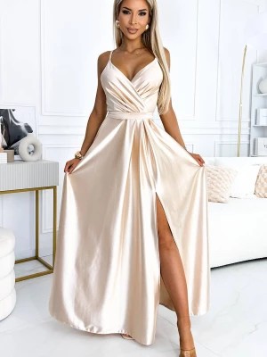 Zdjęcie produktu Amada Elegancka długa satynowa suknia z dekoltem i rozcięciem na nogę - BEŻOWA Merg