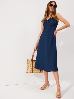 Zdjęcie produktu Elegancka granatowa sukienka midi na ramiączkach TARANKO