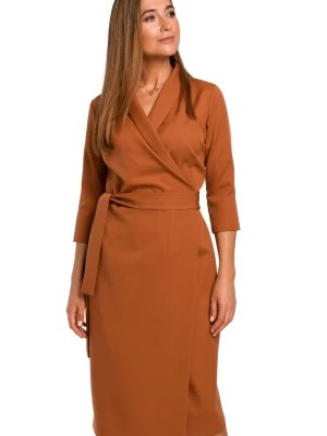Zdjęcie produktu Elegancka sukienka biznesowa kopertowa midi z paskiem w talii brązowa Stylove
