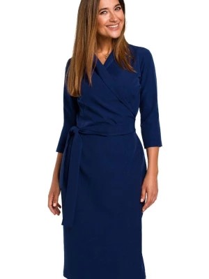 Zdjęcie produktu Elegancka sukienka biznesowa kopertowa midi z paskiem w talii granat Stylove