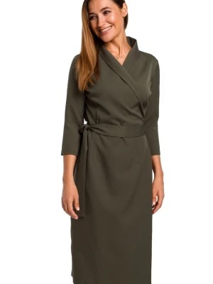 Zdjęcie produktu Elegancka sukienka biznesowa kopertowa midi z paskiem w talii zielona Stylove