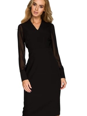 Zdjęcie produktu Elegancka sukienka ołówkowa midi dekolt V szyfonowe rękawy czarna Sukienki.shop