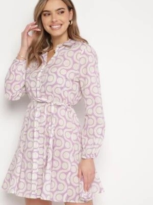 Zdjęcie produktu Fioletowo-Beżowa Bawełniana Sukienka Mini w Geometryczny Wzór Frenia