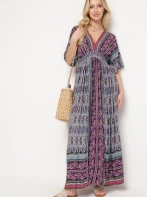 Zdjęcie produktu Fioletowa Boho Sukienka z Szerokimi Rękawami z Gumką w Pasie i Wiązaniem na Plecach Piomina