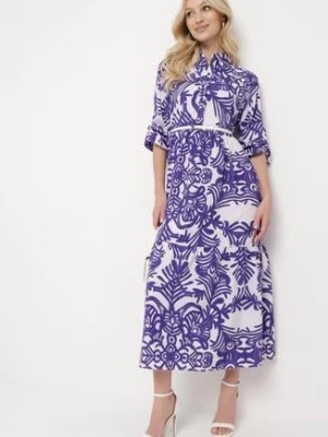 Zdjęcie produktu Fioletowa Długa Sukienka Rozkloszowana w Ornamentalny Wzór z Falbanką Ariantise