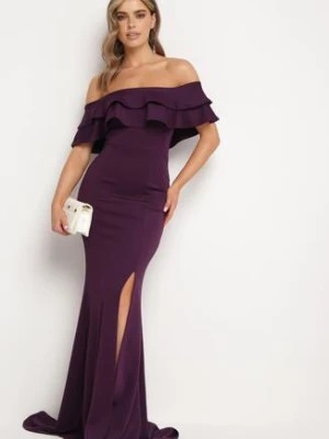 Zdjęcie produktu Fioletowa Elegancka Sukienka Typu Hiszpanka z Rozkloszowanym Dołem i Wycięciami Tumini