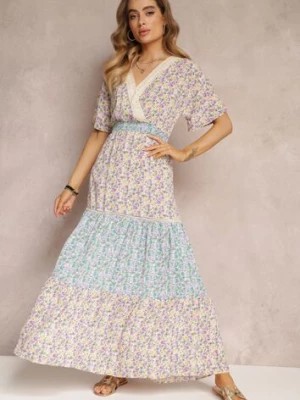 Zdjęcie produktu Fioletowo-Niebieska Kopertowa Sukienka Maxi z Marszczoną Gumką w Pasie i Koronkową Taśmą Marea