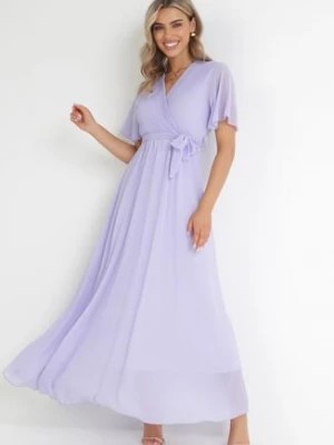 Zdjęcie produktu Fioletowa Kopertowa Sukienka z Gumką w Pasie i Plisowaną Górą Davitri